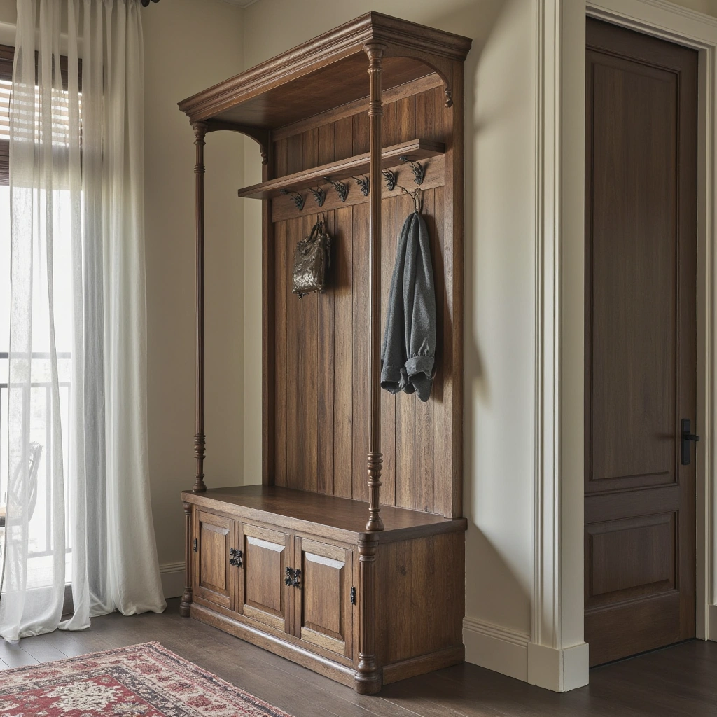 8. Vintage Hall Tree with Ornate Metal Hooks