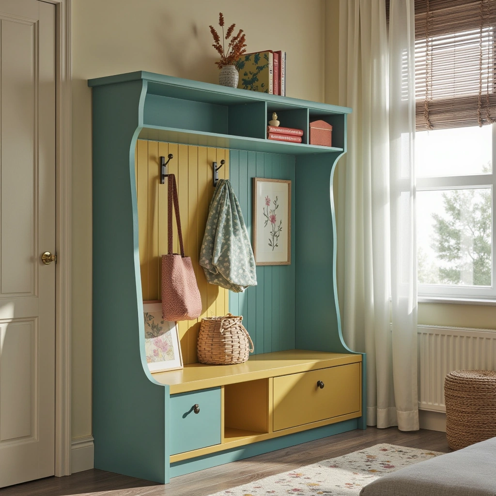 15. Bright Painted Hall Tree with Patterned Backing