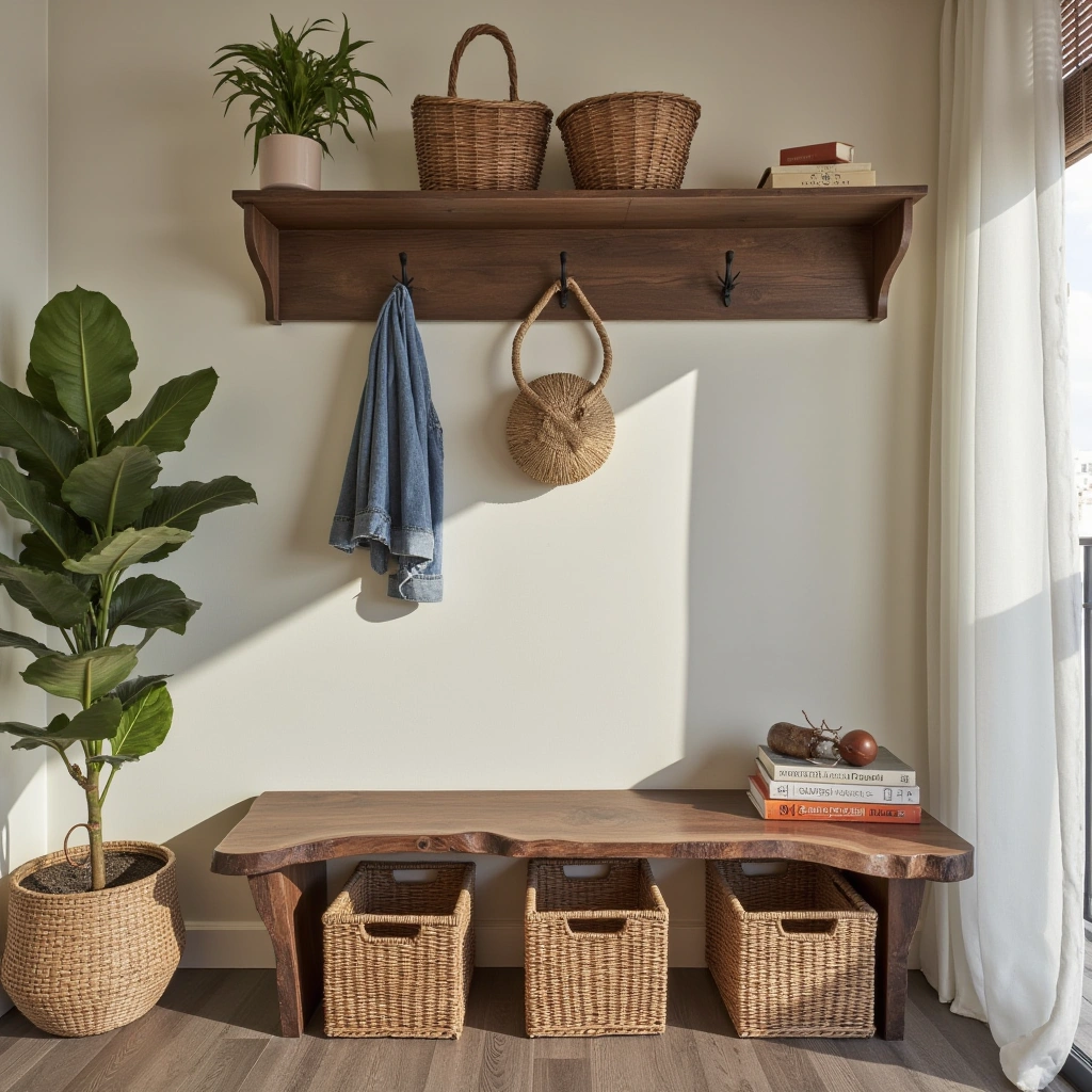 17. Hall Tree with Live Edge Wood and Woven Accents