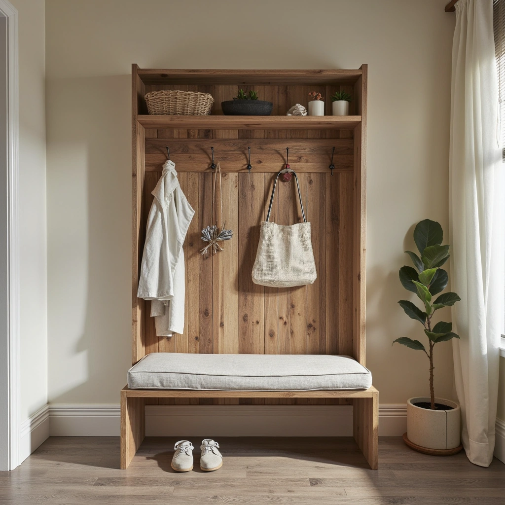 19. DIY Pallet Wood Hall Tree with Hooks and Bench