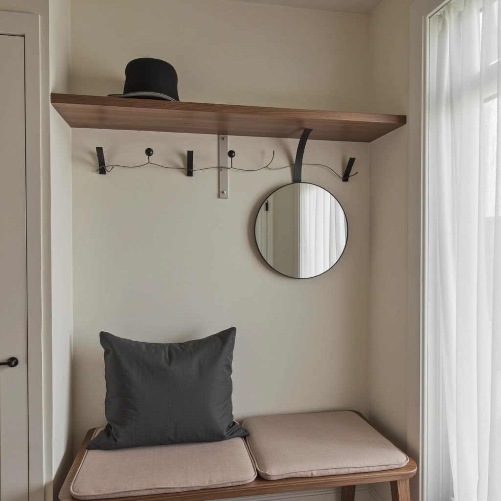 21. Minimalist Floating Shelf with Hooks and Mirror