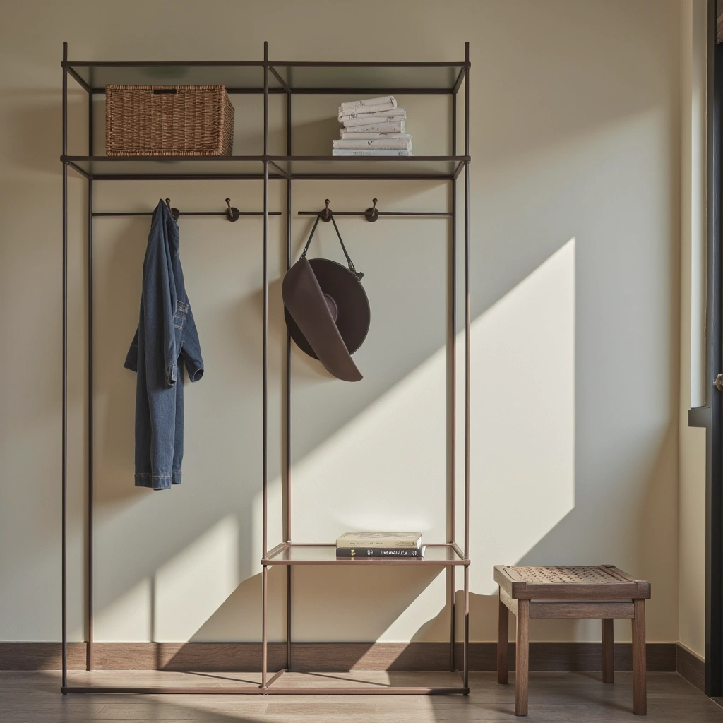 24. Sleek Metal-Framed Hall Tree with Glass Shelves
