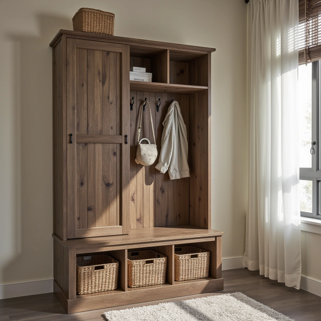 9. Rustic Barnwood Hall Tree with Sliding Doors
