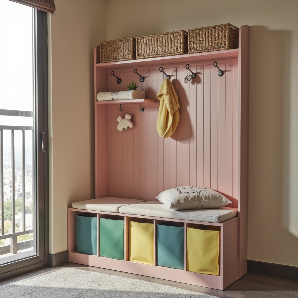 12. Kids’ Hall Tree with Colorful Hooks and Storage