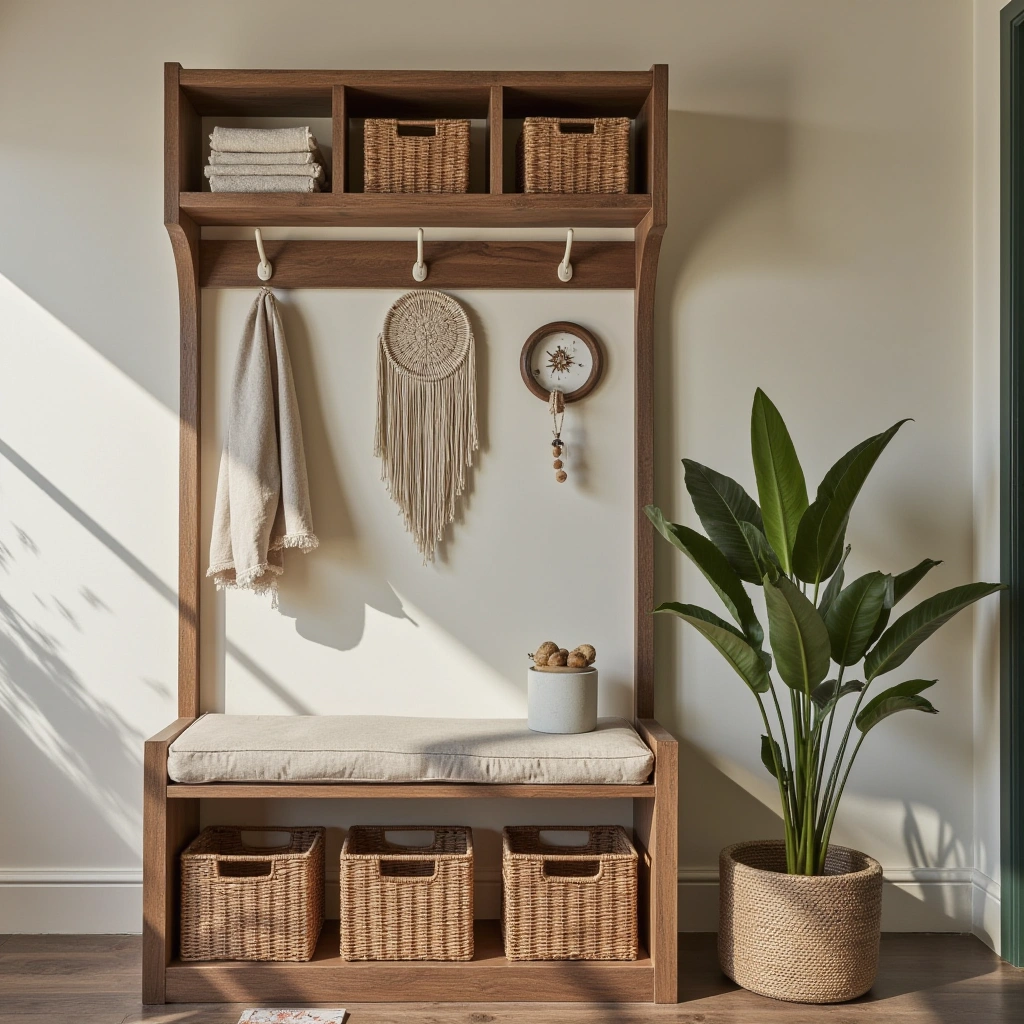 18. Bohemian Hall Tree with Macramé and Natural Fibers