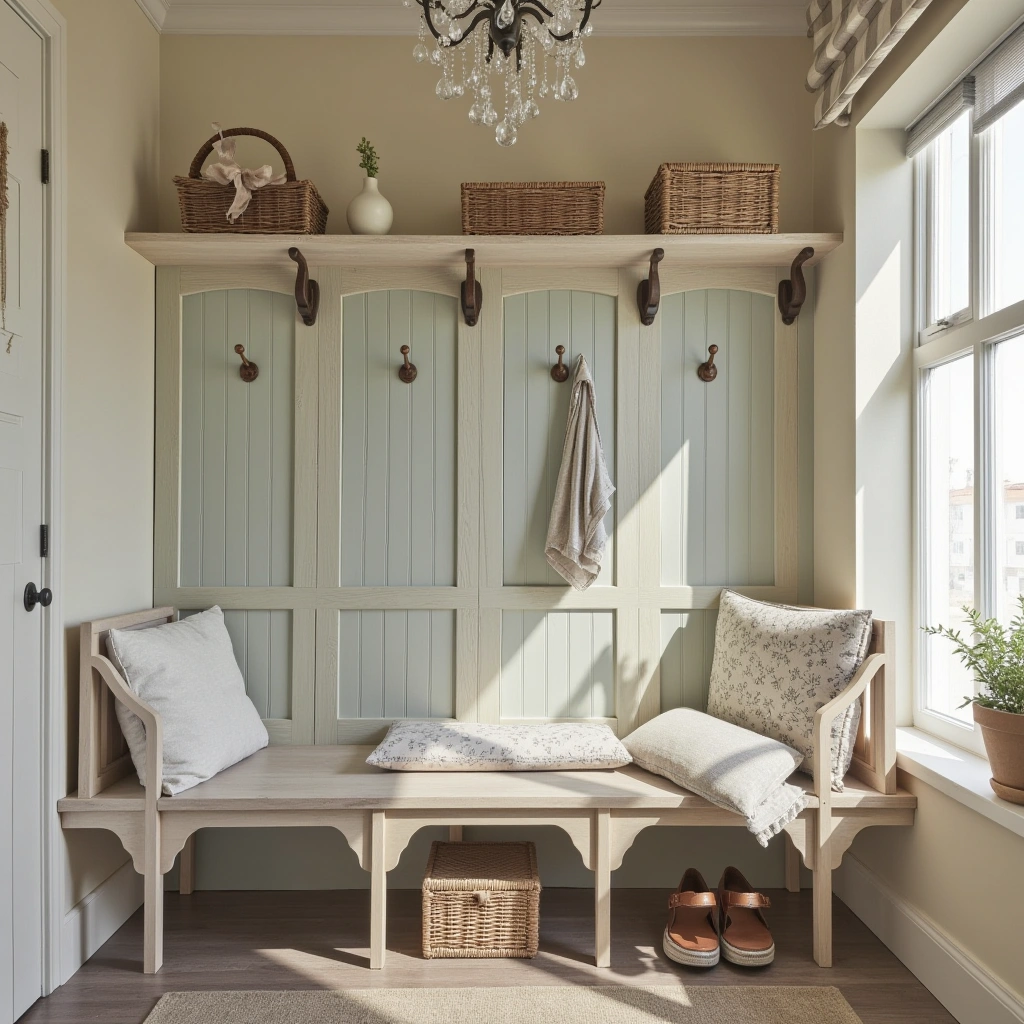 20. French Country Hall Tree with Distressed Paint and Curves