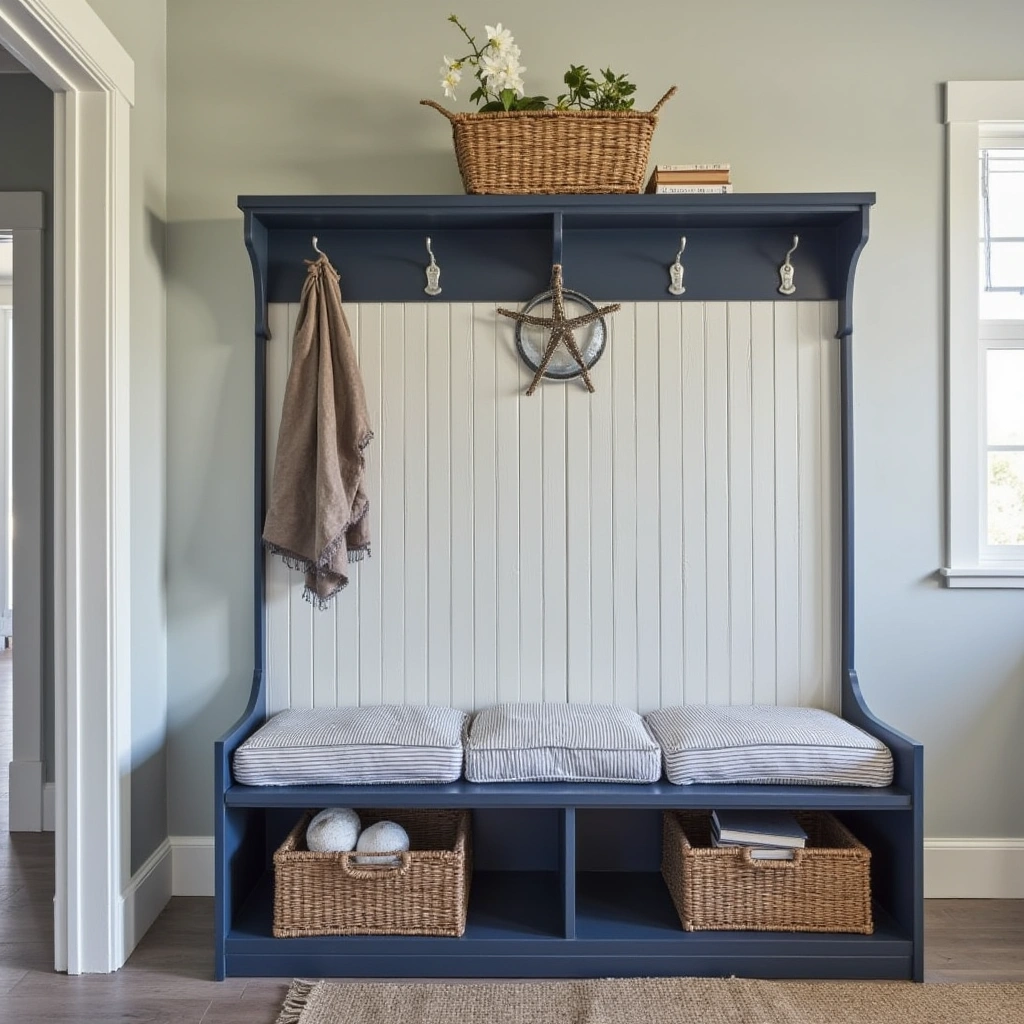 26. Coastal Nautical Hall Tree with Rope Hooks and Blue Paint