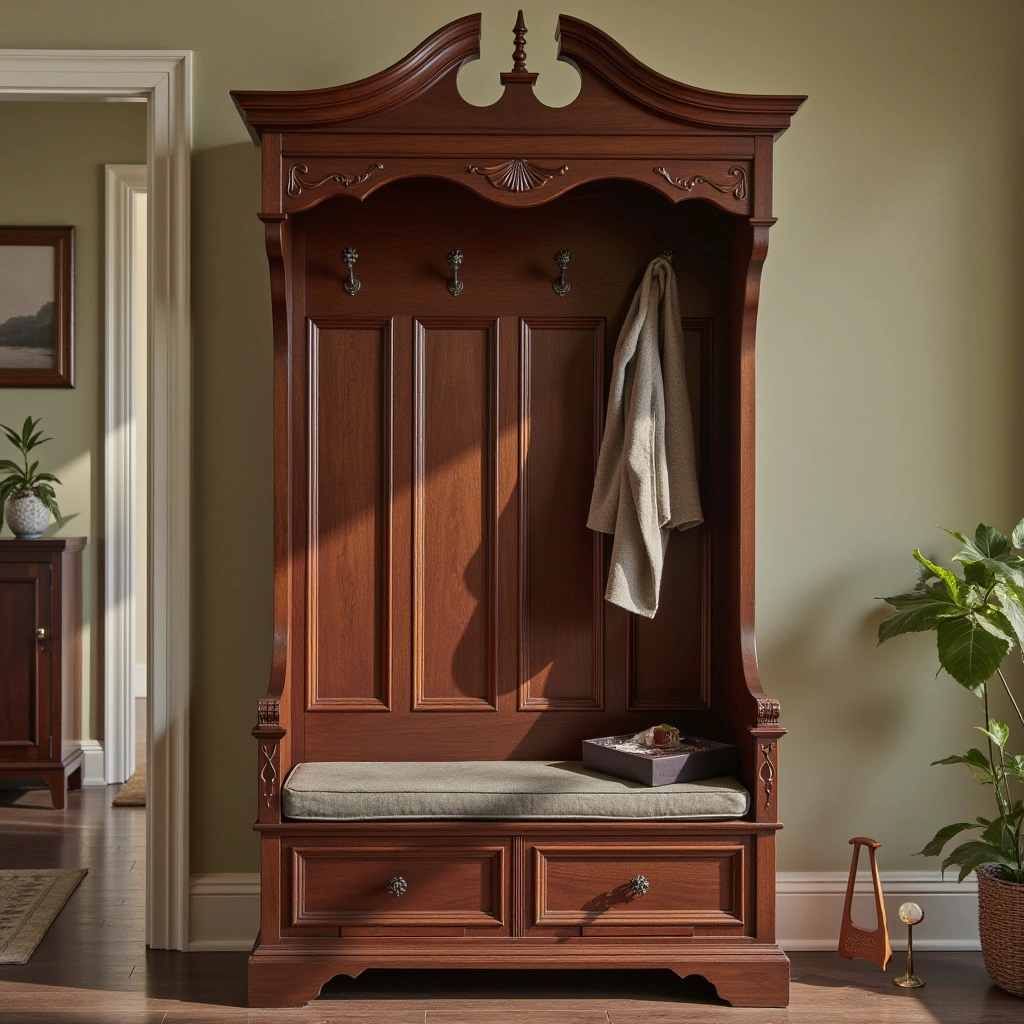 27. Traditional Mahogany Hall Tree with Carved Details
