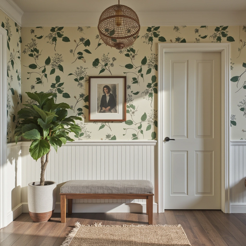 3. Patterned Wallpaper Accent Wall with Upholstered Bench