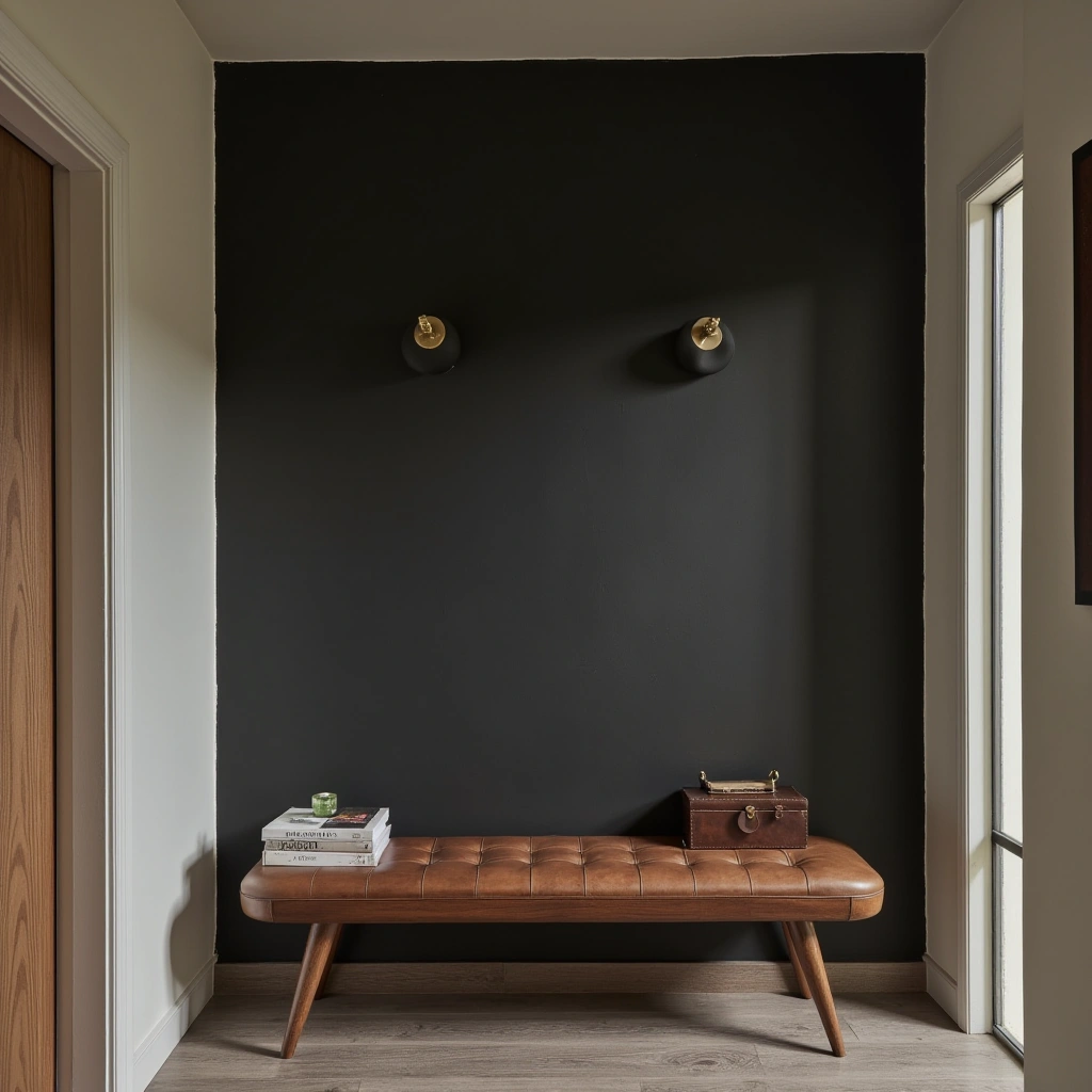 4. Matte Black Accent Wall with Leather Bench
