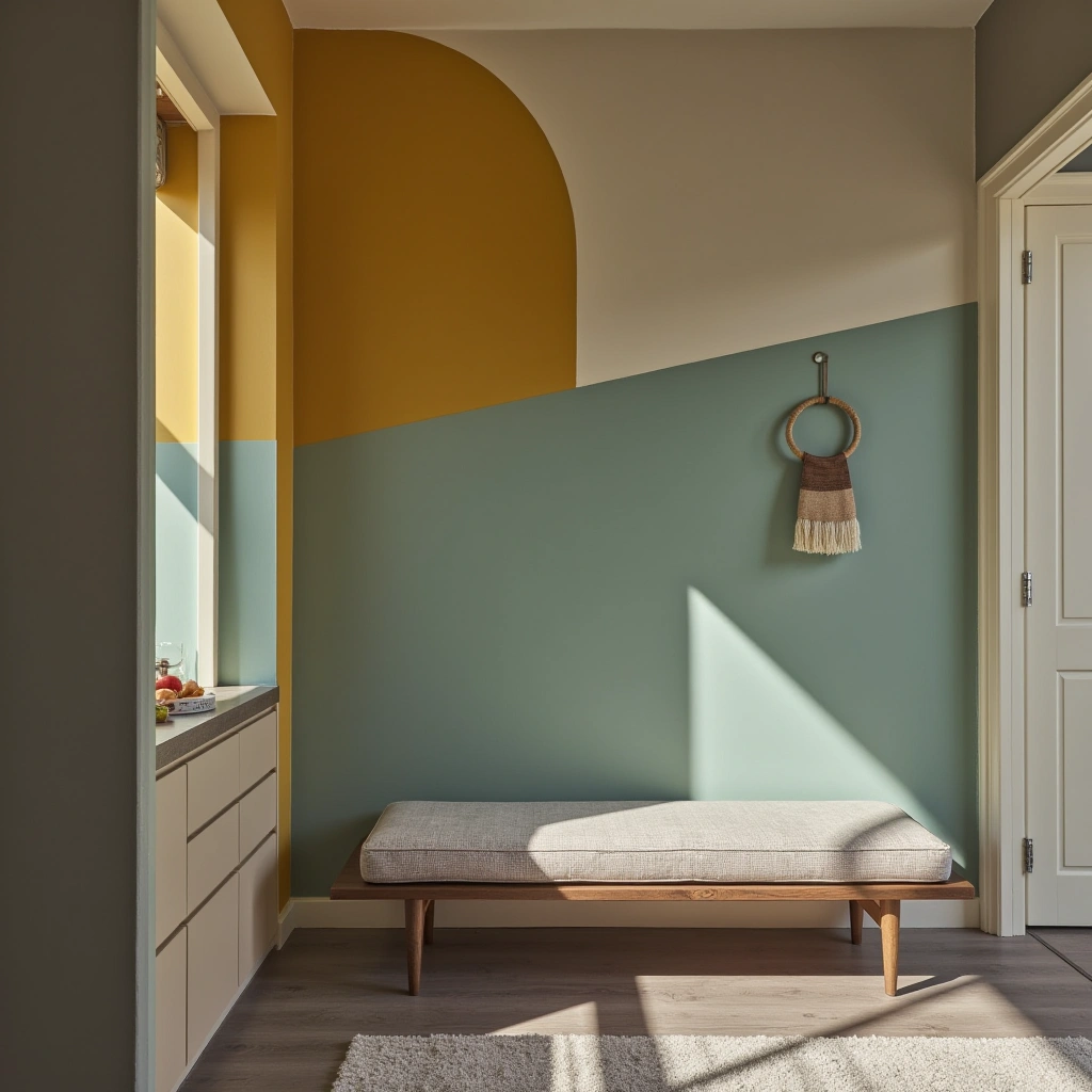 5. Color-Blocked Accent Wall with Floating Bench
