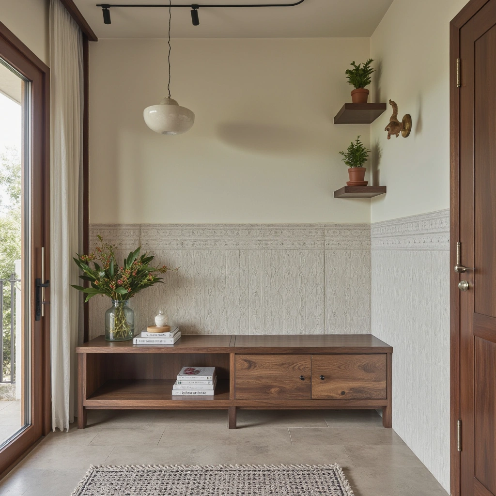 6. Tiled Accent Wall with Bench and Planters