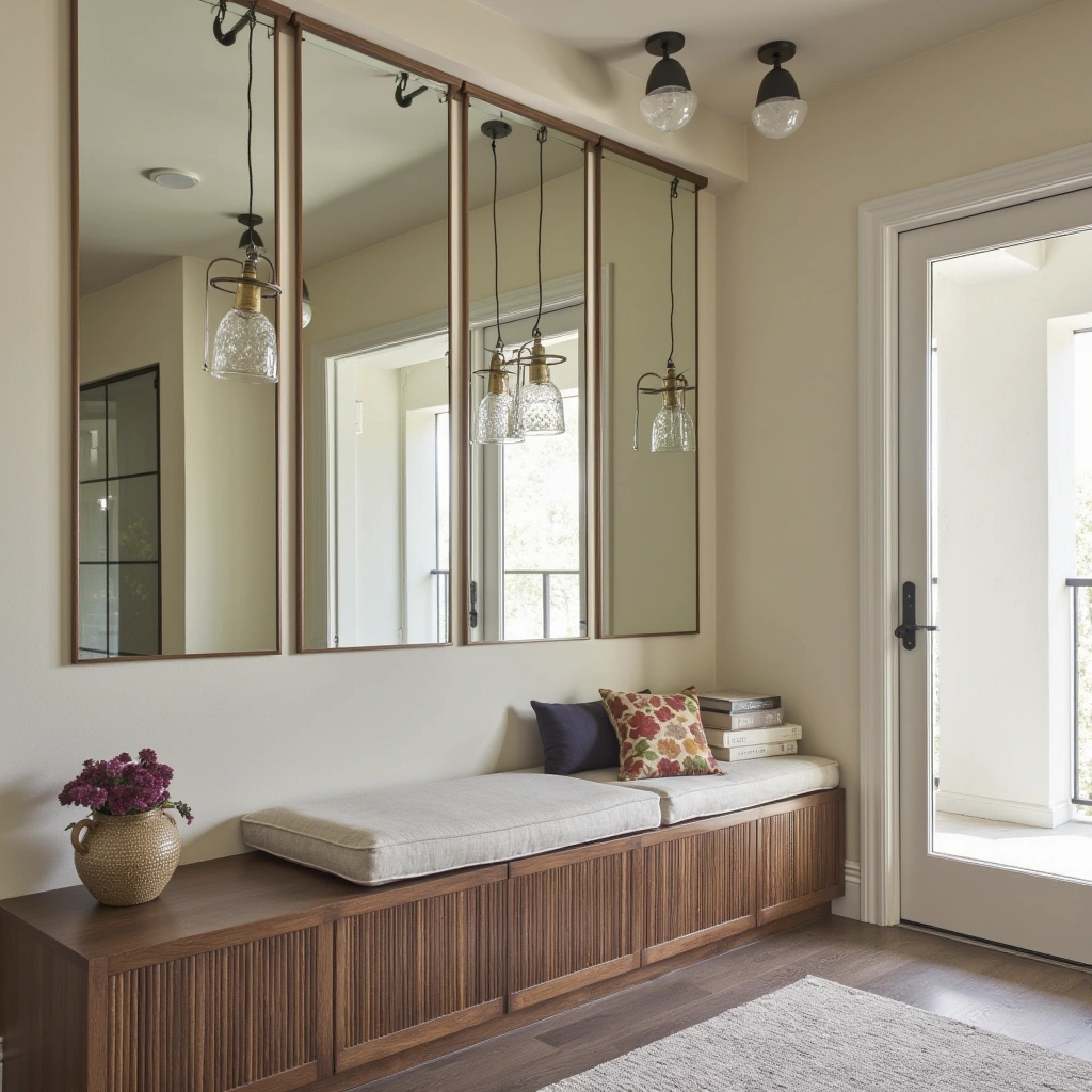7. Mirrored Accent Wall with Bench and Storage