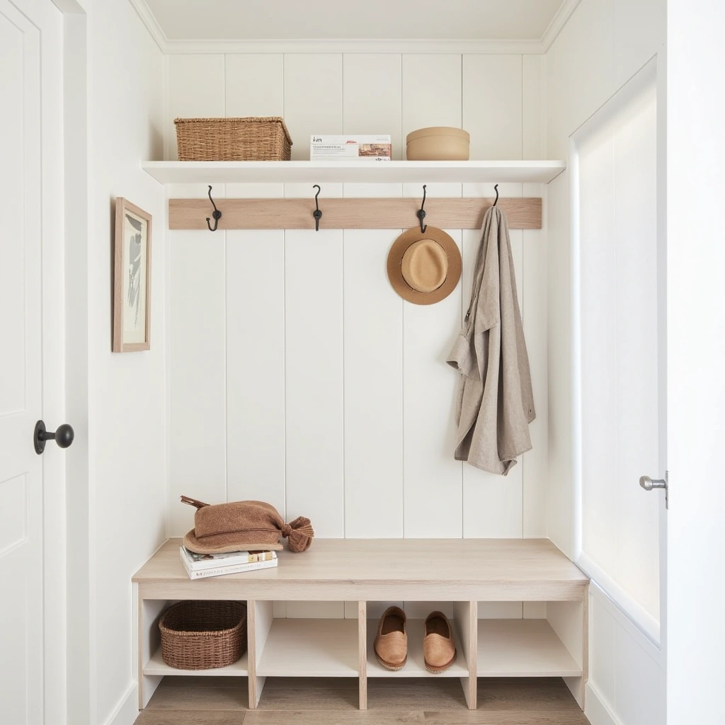 10. White Shiplap Accent Wall with Simple Bench
