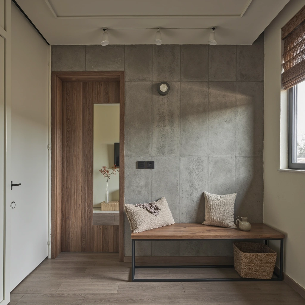 11. Concrete Finish Accent Wall with Metal Bench