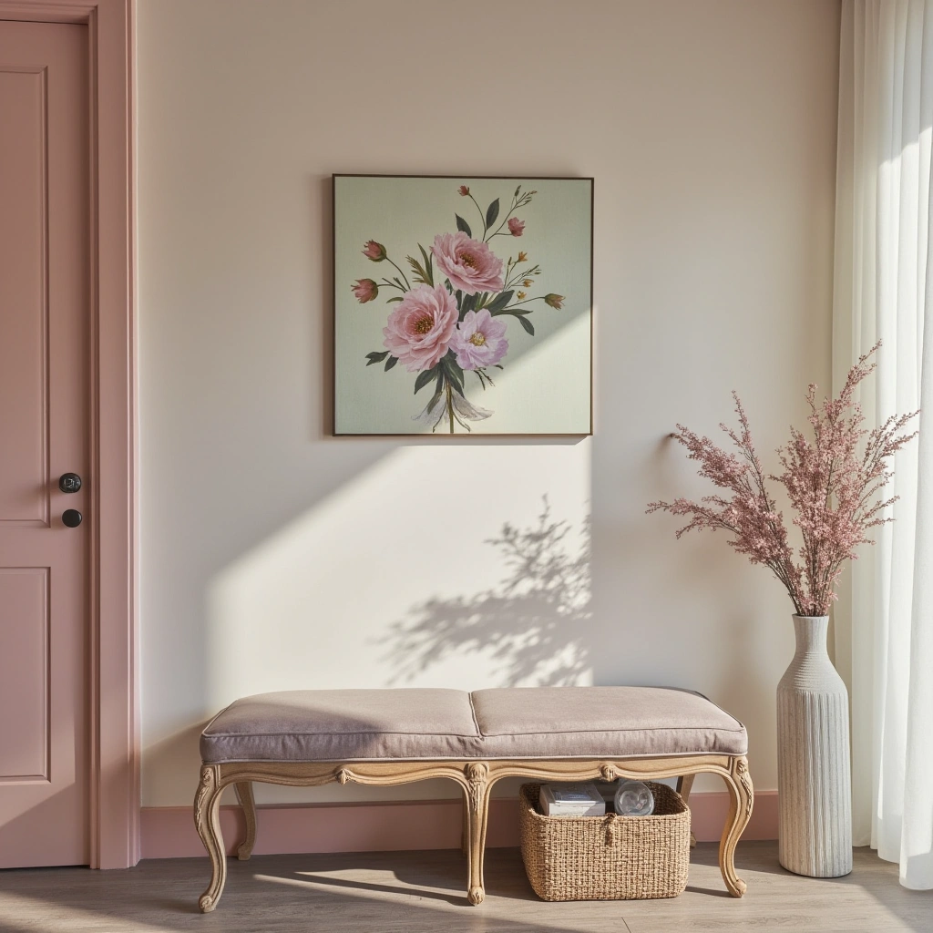 12. Pastel-Colored Accent Wall with Vintage Bench