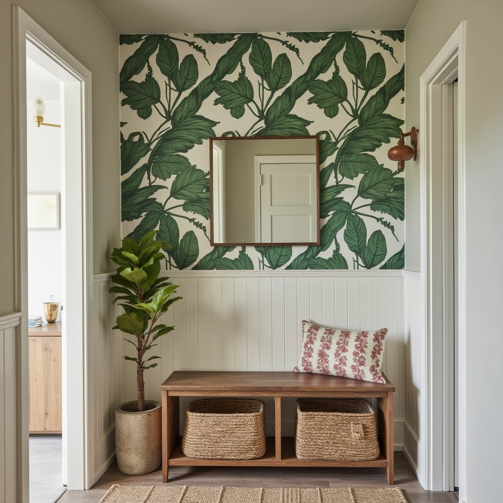 13. Botanical Accent Wall with Rustic Bench