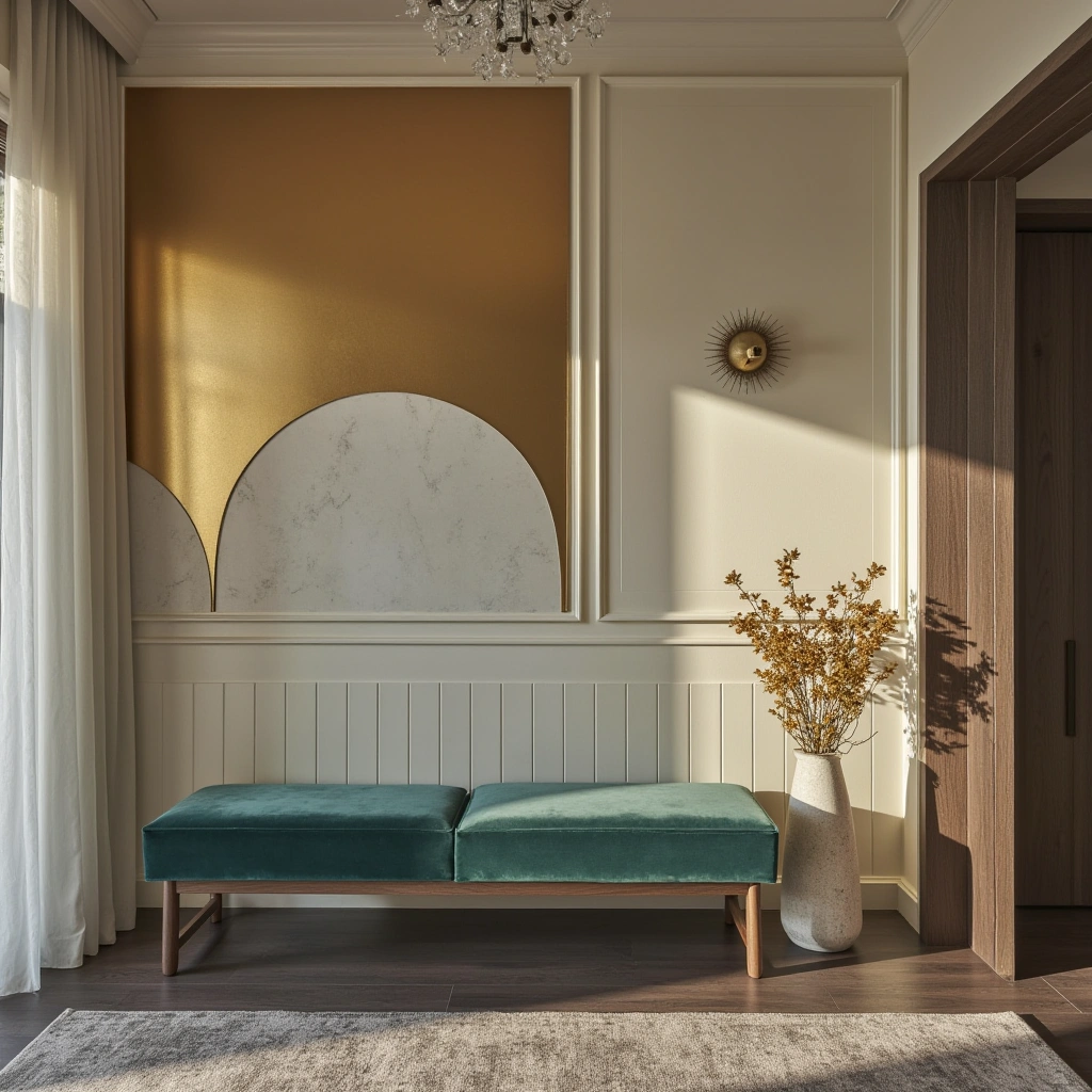 14. Metallic Accent Wall with Velvet Bench