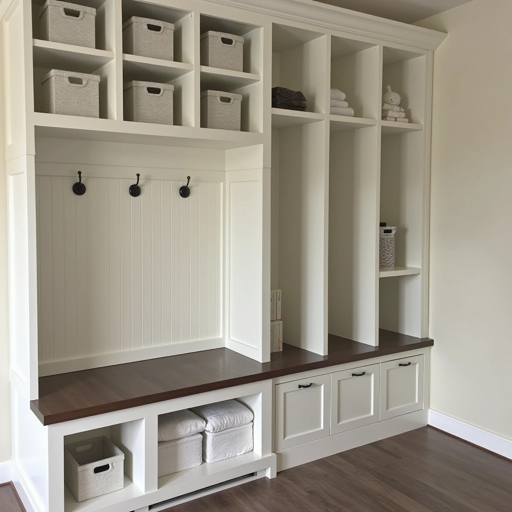 15. Built-In Shelving Accent Wall with Bench